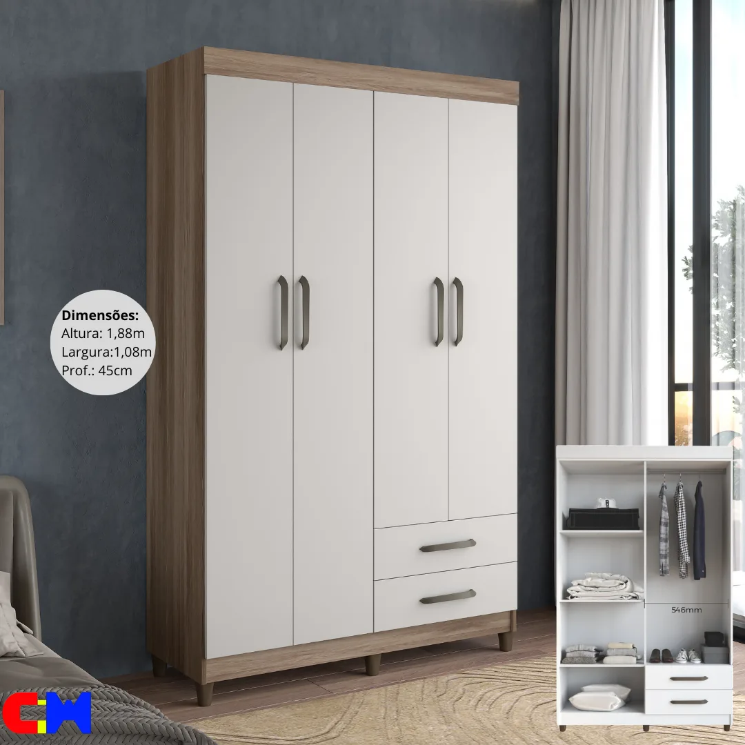 Roupeiro 4 Portas e 2 gavetas c/ pés Fluence Naturale/Off White