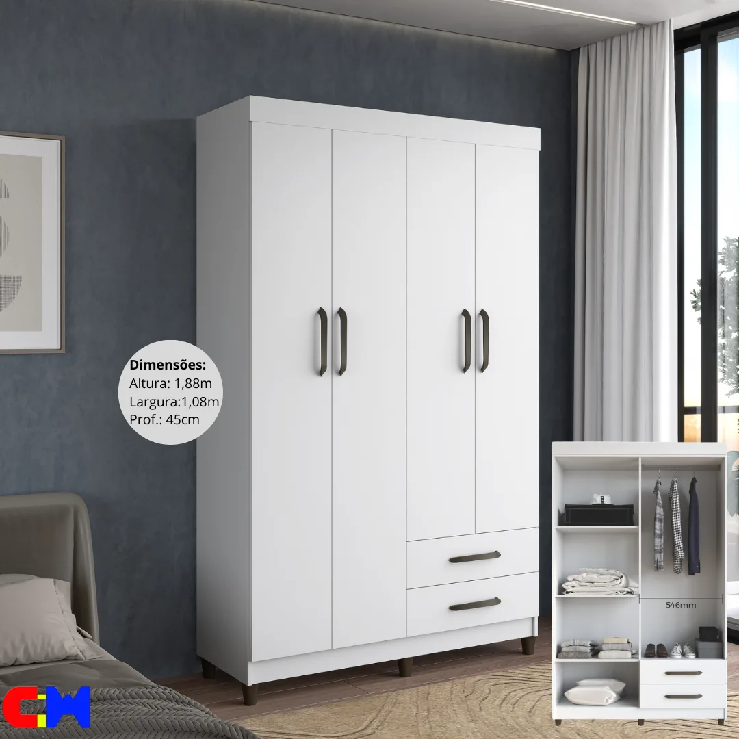 Roupeiro 4 Portas e 2 gavetas c/ pés Fluence Branco