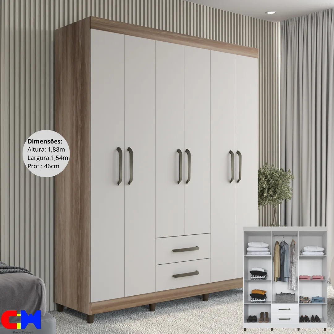 Roupeiro 6 Portas e 2 Gavetas Fluence Naturale/OFF