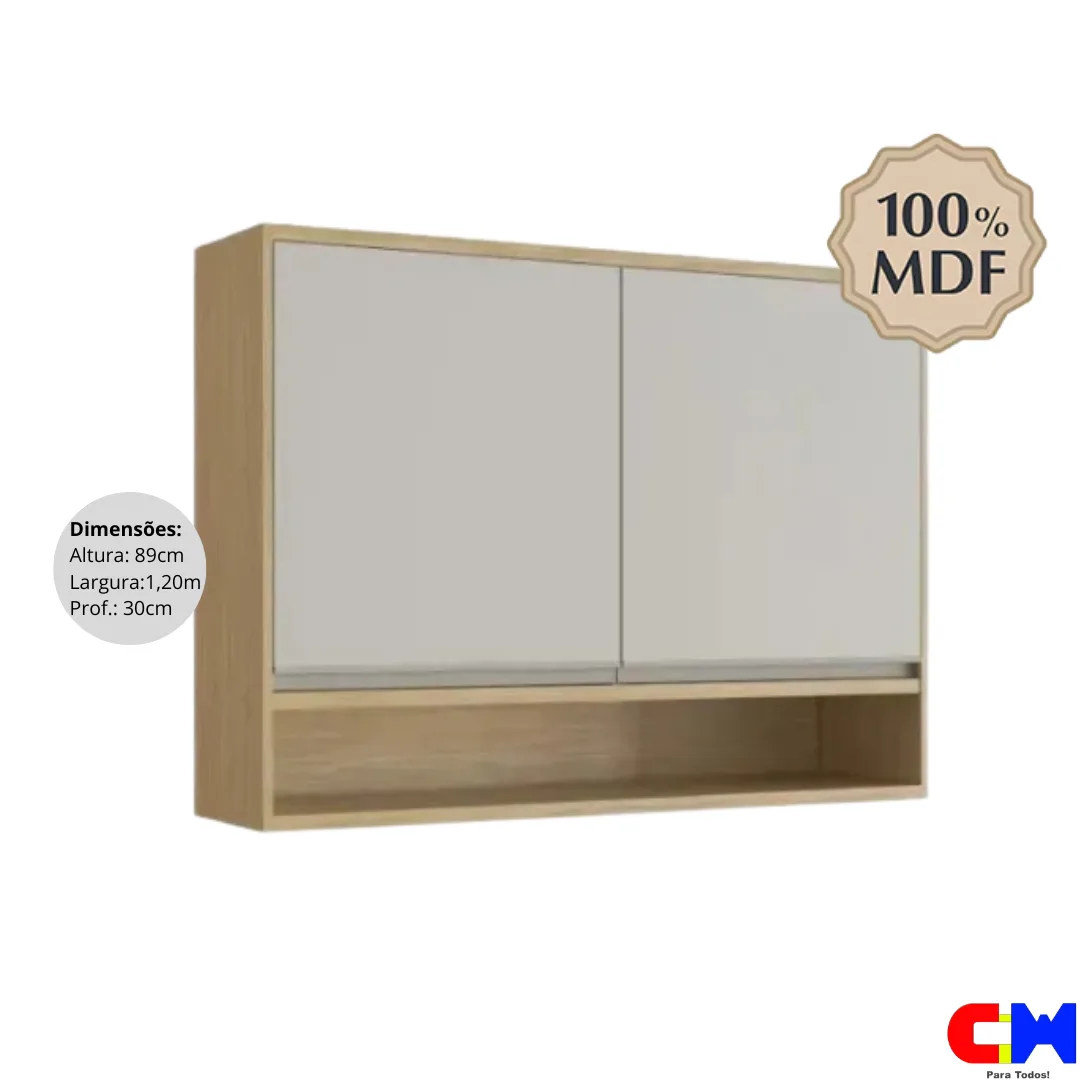 Armário Aéreo 2 Portas com Nicho 100% MDF 1,20m Paris Louro Freijó/OFF White
