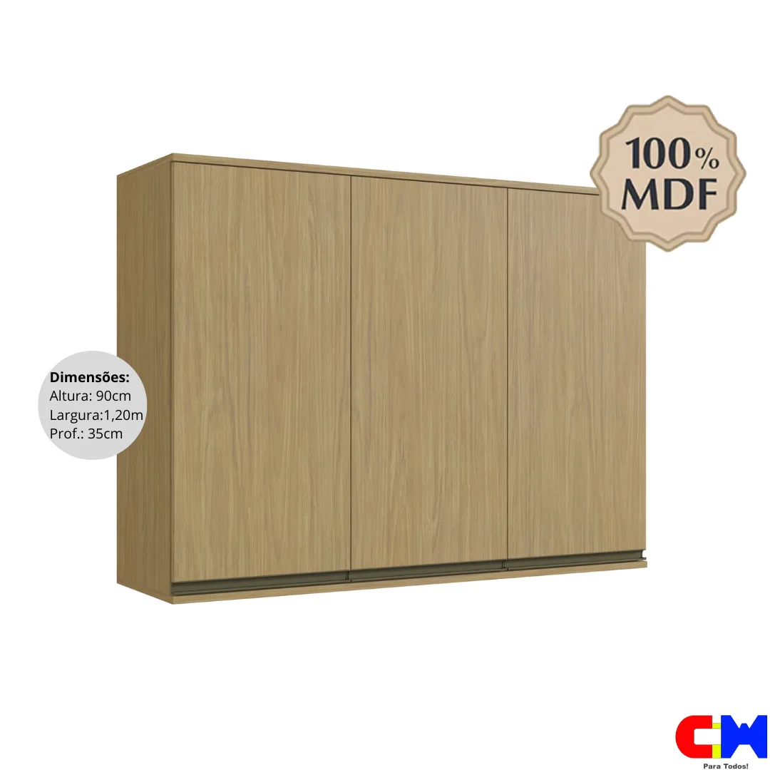 Armário Aéreo 3 Portas 100% MDF 1,20m Dubai Louro Freijó